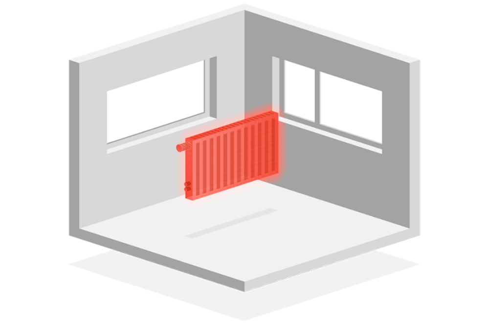 3D-Flat-Designs eines Raums mit Heizkörper für die Heizkörperauslegung