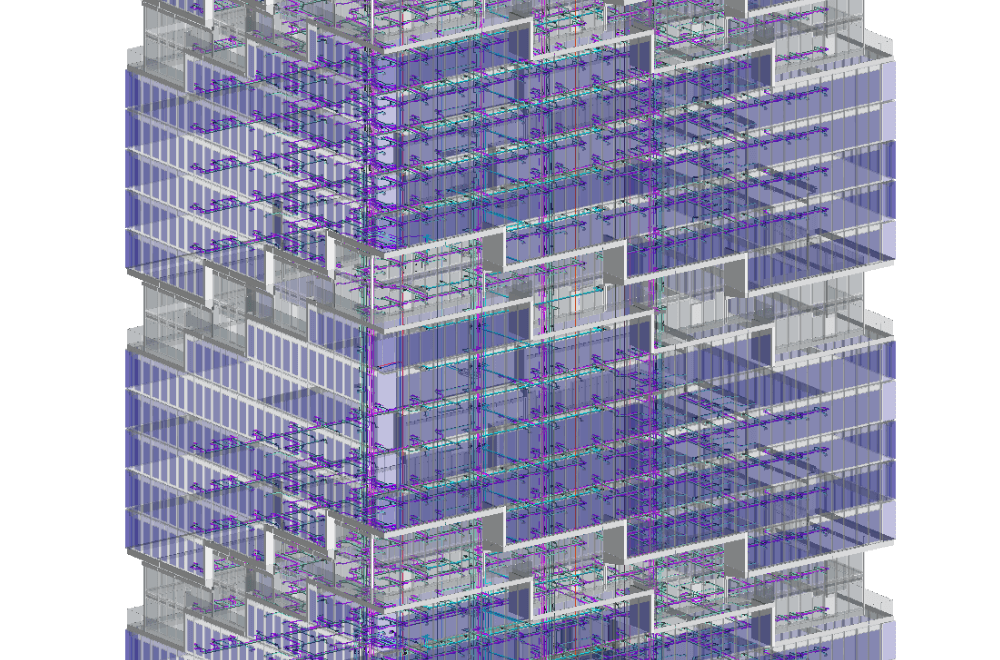 3D-Modell eines Hochhaus in der Isometrie mit einer Architektur-IFC und einem Heizungsnetz.