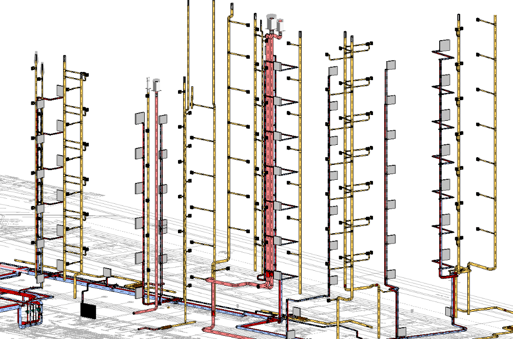 3D-Darstellung in der Isometrie eines Luftkanalnetzes und Heizungsnetzes in der Vorplanung.