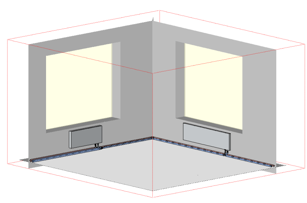 Raum in dem Heizkörper automatisch unterhalb der Fenster positioniert wurden.