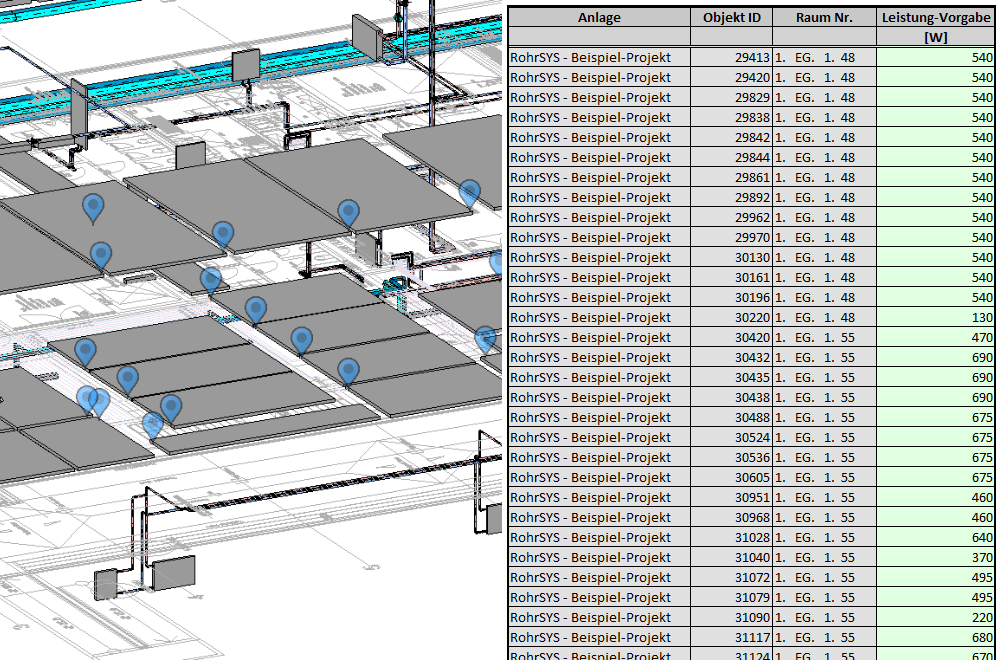Zuweisen von Leistungswerten über Filterlisten bei der Rohrnetzplanung Kälte