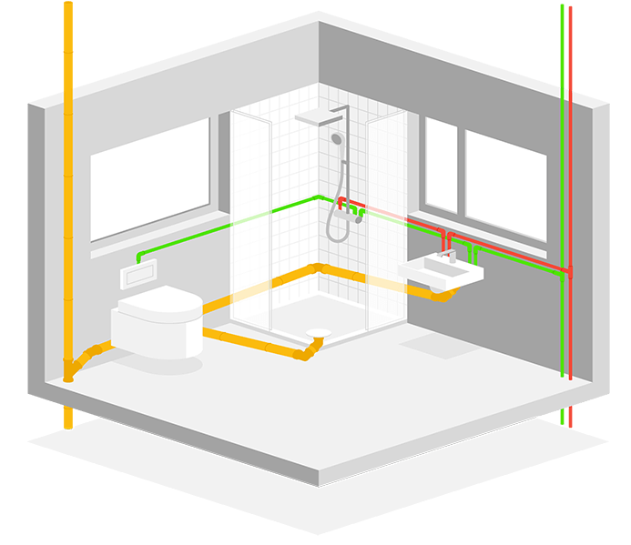 3D-Flat-Designs eines Raums mit einem Sanitärnetz