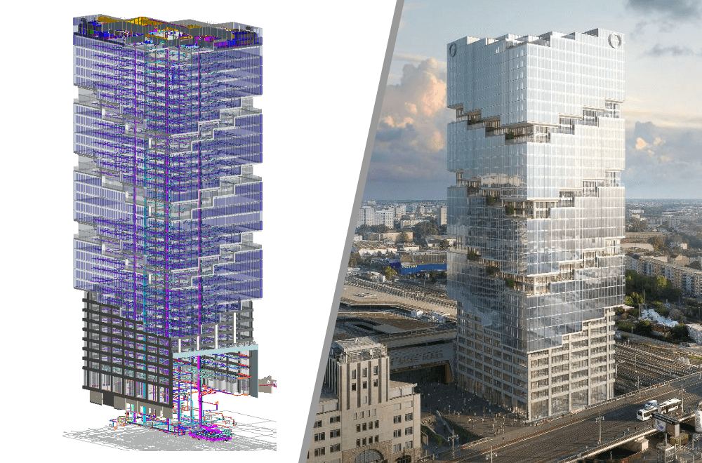 Großes Projekt (EDGE East Side) als 3D-Modell mit IFC und als Rendering.